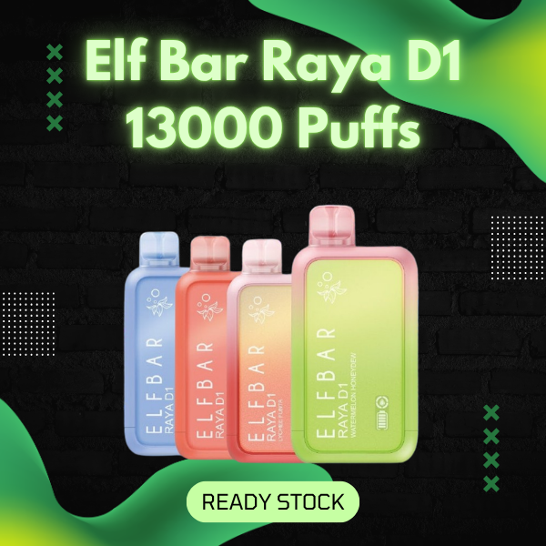Elf Bar Raya D1 13000 Puffs disposable vape with digital battery and e-liquid screen display