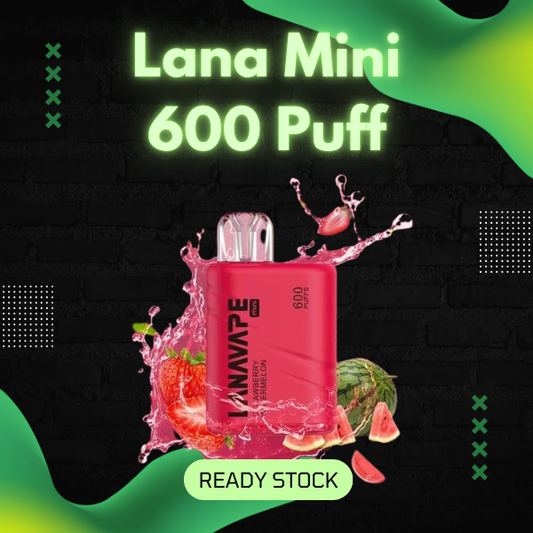 Lana Mini 600 Puffs disposable vape device in multiple flavors, compact crystal design.