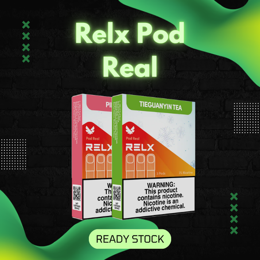 Authentic RELX Pod Real 3-pack packaging highlighting Vcot technology transparent tank
